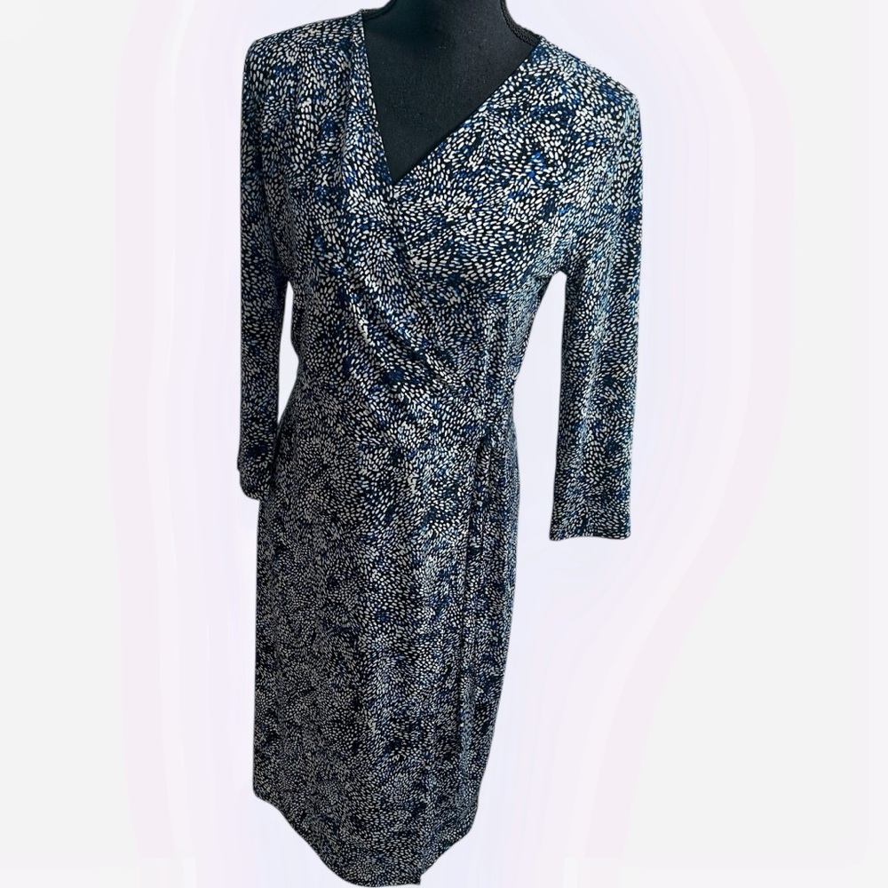 White House Black Market Small Blue White Black Abstract Floral Faux Wrap Dress
